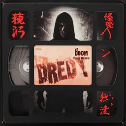 album cover, vhs still, japanese symbols, underground horror video, doom, dredd, decay