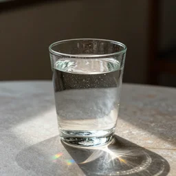 Sunlight through glass filled with water creates colorful caustics on tabletop, product photography.