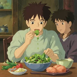 buddhism, eating vegetable, in the style of studio ghibli, j. c. leyendecker, greg rutkowski, artgerm
