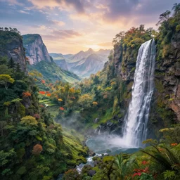 a photorealistic portrait, stunningly beautiful colorful fantasy landscape, professionally retouched, soft lighting, hyper realistic, mountains, trees, beautifully detailed sky, waterfall, wide angle, sharp focus, 8 k high definition, 6 4 megapixels, insanely detailed, stunningly beautiful