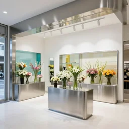 flower retail shop designed by plainoddity, interior, stainless steel and color glass, white schema