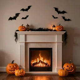 a realistic photo of a fireplace mantle decorated for halloween, with black bats on the wall, and pumpkins on the floor, photorealism, dramatic lighting