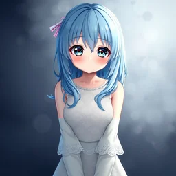 anime girl, cute, big eyes, blue hair, full body shot, lace dress, studio, smokey background, professional shot, real life anime, 3 d, award winning, trending on art station, high detail