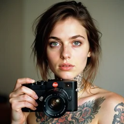 a heavily tattooed white girl with brown hair and green eyes, dutch, wide set eyes, oval face, round cheeks, leica s, 5 0 mm lens, kodachrome, 1 9 6 9, shot by platon