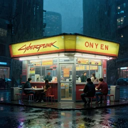 the only open cyberpunk blade runner fast food stand in the cyberpunk city during a melancholy rainy night by salvadore dali