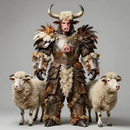 joaquin phoenix with an armor made of animals, cow horns, pig nose, sheep wool, chicken feather armor, majestic, by anna podedworna, by miklos ligeti, by diego maricato, by taran fiddler, by antonino truisi, by chris reddie, by jinsung lim, trending on artstation