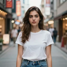 portrait photograph of an extremely beautiful!!!! young pakistani female, Distant look on her face, natural light, wearing a t-shirt and jeans!! Brown hair. Blue eyes. Standing on a Japanese neon lit street. looking at the camera!!. super resolution. Extremely detailed. Graflex camera!, bokeh!!!!! trending on artstation.