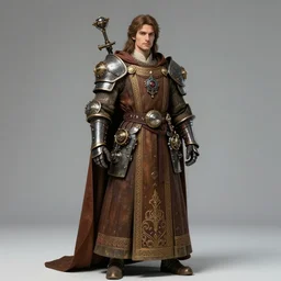 beautiful calm bright ai generated fullbody character illustration of a medieval timetraveller highpriest in ornated wooden armor and decorated sacred outfit and heavily equipped with steampunk cyberwares. rendered by machine.delusions. inspired by: @machine.delusions on instagram. Slightly reminds to ghibli studio style. Fullbody portrait uncut centered cinematic, dramatic pose