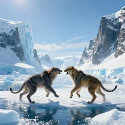 distant cyberpunk wildlife fighting on the ice of antarctica, ice bergs, snowy cliffs, sparkling water, glistening, clear blue sky, midday sun, harsh light, hyper realistic, hyper detailed, digital art, trending in artstation, studio quality, photorealistic, photo, by jesper ejsing, wlop, paul lehr