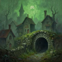 painting of a quaint lovecraftian village with a creepy stone tunnel, fog, green ambient light