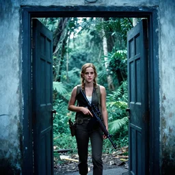 film still, extreme far view, emma watson, jungle, vietnam door gunner, apocalypse now, associated press, 2 6 mm, kodak ektachrome, blue tint expired film, by annie leibovitz