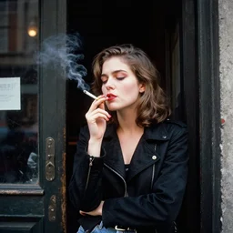 morning, entrance to a ghetto bar in new york, 2 0 0 0 s, tired young white woman with bright makeup and black jacket smoking a cigarette, high detail, photorealistic, color old photo style