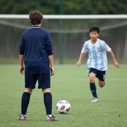 a boy standing infront of the ball before running and scoring. professional photograph, dslr, dcim, 8 k, hd