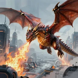 dragon, d & d, fantasy, breathing fire over futuristic city, digital painting, unreal engine 5, photorealism, hd quality, 8 k resolution, cinema 4 d, 3 d, cinematic, professional photography, art by artgerm and greg rutkowski and alphonse mucha and loish and wlop