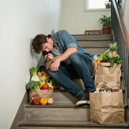 sad man tumbling down stairs with groceries