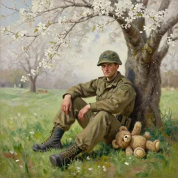 an oil painting shows an american soldier sitting under a cherry tree with white flowers and a teddy bear lying on the grass., by realistic oil painting