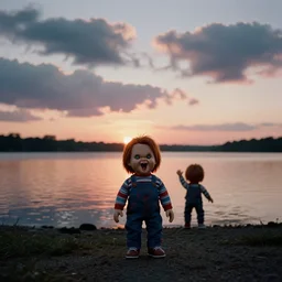 sunset clouds with an placid lake in the background and a screaming chucky ashore by greg rutkowski cinematic 3 5 mm film