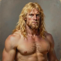 a realistic ripped blonde neanderthal man painting - n 4,