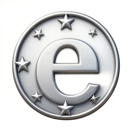 the letter e, and in a circle from it 1 2 five - pointed stars, emblem, metallic color