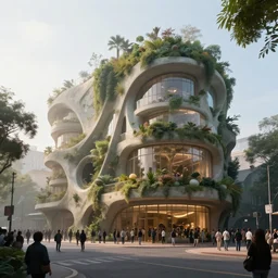a street view of a building with biophilic architecture, organic architecture, crowds of people, cinematic lighting, detailed, hyperrealism, volumetric, misty, beautiful, artstation, unreal engine highly rendered, 8 k