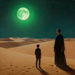 green moonlit desert, surrealism, by Tyler Edlin and Jean Delville, by John Berkey and Filip Hodas, sci-fi concept art, Beeple, highly detailed, soft lighting, rendered in octane, by Roger Dean, by Dean Ellis, catholicpunk, german romanticism style, oil on canvas, cinematic lighting, vibrant, concept art, gothic, contrasting, nightscape