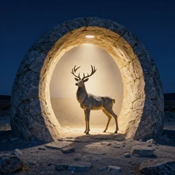 photo of a stargate with a stag standing in the light by marc adamus, land art made of stone by jaehyo lee