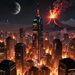 large cyberpunk city on fire with volcano erupting in the background, planets in the sky, sharp focus, highly detailed, night