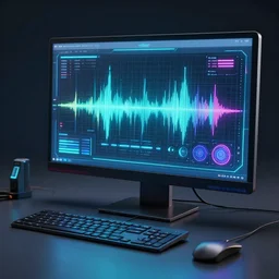 futuristic computer that has ai generated sound effect module that can make any sound you type into it, product display, photograph 2 0 0 8