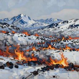 alpine tundra wildfire, extremely detailed oil painting, unreal 5 render, digital art, landscape painting, octane render, beautiful composition, trending on artstation, award winning photograph, masterpiece