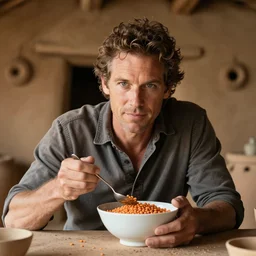 portrait of Dave Ramsey eating a bowl of lentils in a clay hut, 4K ultra realistic