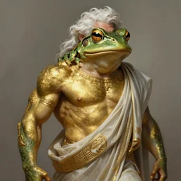 painted portrait of ruggedly handsome frog, [ [ gold paint smeared on torso ] ] greek god by greg rutkowski craig mullins artgerm white hair muscular masculine manly mature flowing robe greek motifs fantasy intricate elegant detailed digital painting concept art artstation sharp focus illustration