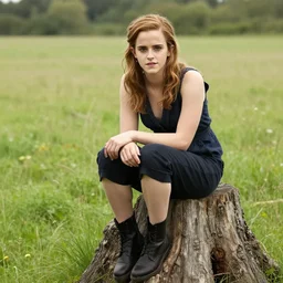 portrait of emma watson sitting on a tree stump in a field