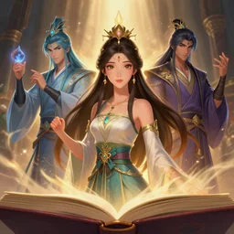 a beautiful! female and three male characters summoned from inside a book like genies, trending on artstation, detailed digital art