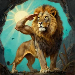 close up of muscular lion barbarian hunter full body in portrait salute pose, sun rays , small bird sihouettes  in cyan background , very textured detailed  oil painting by rembrandt , hard backlight , in dark cave