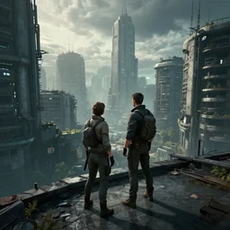 two survivors standing on a rooftop with a view of an abandoned dystopian cyberpunk city, award winning, trending on artstation, unreal engine