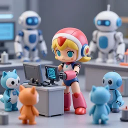photo of figma figures inside a diorama of a laboratory : : a cute female ball - jointed long - haired robot ( in the style of mega man ) is repairing computers. she is being helped by animal - shaped robots and abstract robots.