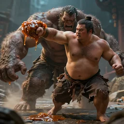 short fantasy character monk man punching a monster greased up, only wearing tattered shorts portly and muscular, hyper realism, moving quickly dramatic ambient lighting, cinematic, high detail, 8k, octane render, depth of field