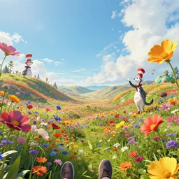 first person perspective digital illustration of a field of vibrant megaflora by beeple and Dr. Seuss:1|flowers by Dr. Seuss, petals blowing in the breeze, colorful rolling hills of beautiful flowers, wide angle panoramic by Industrial Light and Magic, viewed from eye level:0.9|fantasy, cinematic:0.9|Unreal Engine, Octane, finalRender, devfiantArt, artstation, artstation HQ, behance, HD, 16k resolution:0.8