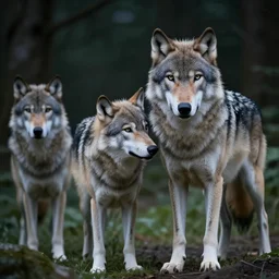 4 k, hyperealistic photograph of nightwolf standing while petting a wolf and staring into the camera