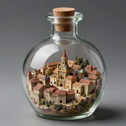 miniature highly detailed medieval city in an an ancient alchemist bottle
