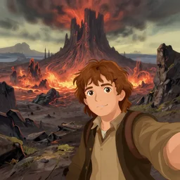 illustration of frodo taking a selfi at Mount doom, rendered trending on Artstation