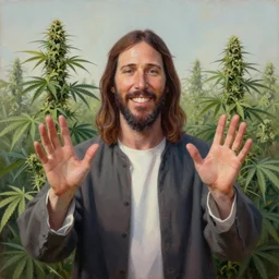 jesus with jimm kerry spreads his hands against the background of growing cannabis. an oil painting in the style of van gogh