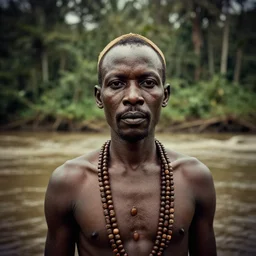 very realistic photo!!!  close up medium shot of nigerian tribal magician  man ,. background: jungle river, very heavy vignette!!!, dramatic dark ,1900s picture