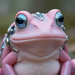 natural light, soft focus extreme close up portrait of a cyberpunk anthropomorphic frog with soft synthetic pink skin, blue bioluminescent plastics, smooth shiny metal, elaborate ornate head piece, piercings, skin textures, by annie leibovitz, paul lehr