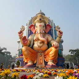 beautiful futuristic new delhi, sharp sci - fi ganesha!! building, kalighat flowers, highly detailed, stephen shore & john j. park, cinematic morning light, wide shot, ground angle, uhd 8 k, sharp focus
