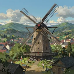 concept art painting of a historic windmill with european and japanese architecture, in a small medieval village surrounded by trees, in a mountain valley, realistic, detailed, cel shaded, in the style of makoto shinkai and greg rutkowski and james gurney