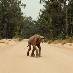 a 1 9 0 0 s grainy photo of a bipedal monster catch in a desert road inside a dense forest