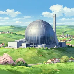 a big factory with a spherical architecture designed by boeing military on a hill in a beautiful landscape of the french countryside during spring season, painting by toei animation backgrounds hd and city hunter anime backgrounds hd and a few vector illustration touch, nice lighting, soft and clear shadows, low contrast, perfect