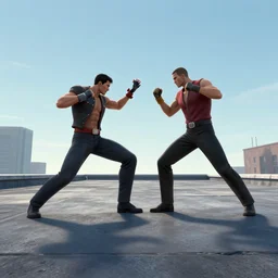 matrix rooftop fight scene, surreal, comic book, low angle, wide angle, concept art by stuart immonen, warren ellis, rafael albuquerque, shinji aramaki, greg rutkowksi, andrew ferez