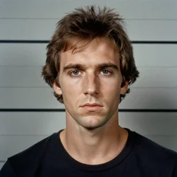 Mugshot Portrait of Napoleon Dynamite, taken in the 1970s, photo taken on a 1970s polaroid camera, grainy, real life, hyperrealistic, ultra realistic, realistic, highly detailed, epic, HD quality, 8k resolution, body and headshot, film still, front facing, front view, headshot and bodyshot, detailed face, very detailed face